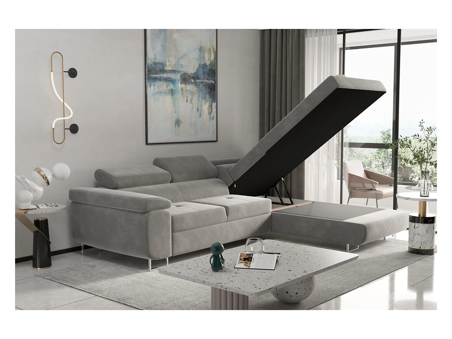 Canapé d'angle ATOM avec fonction couchage, tissu Monolith, écru, droit