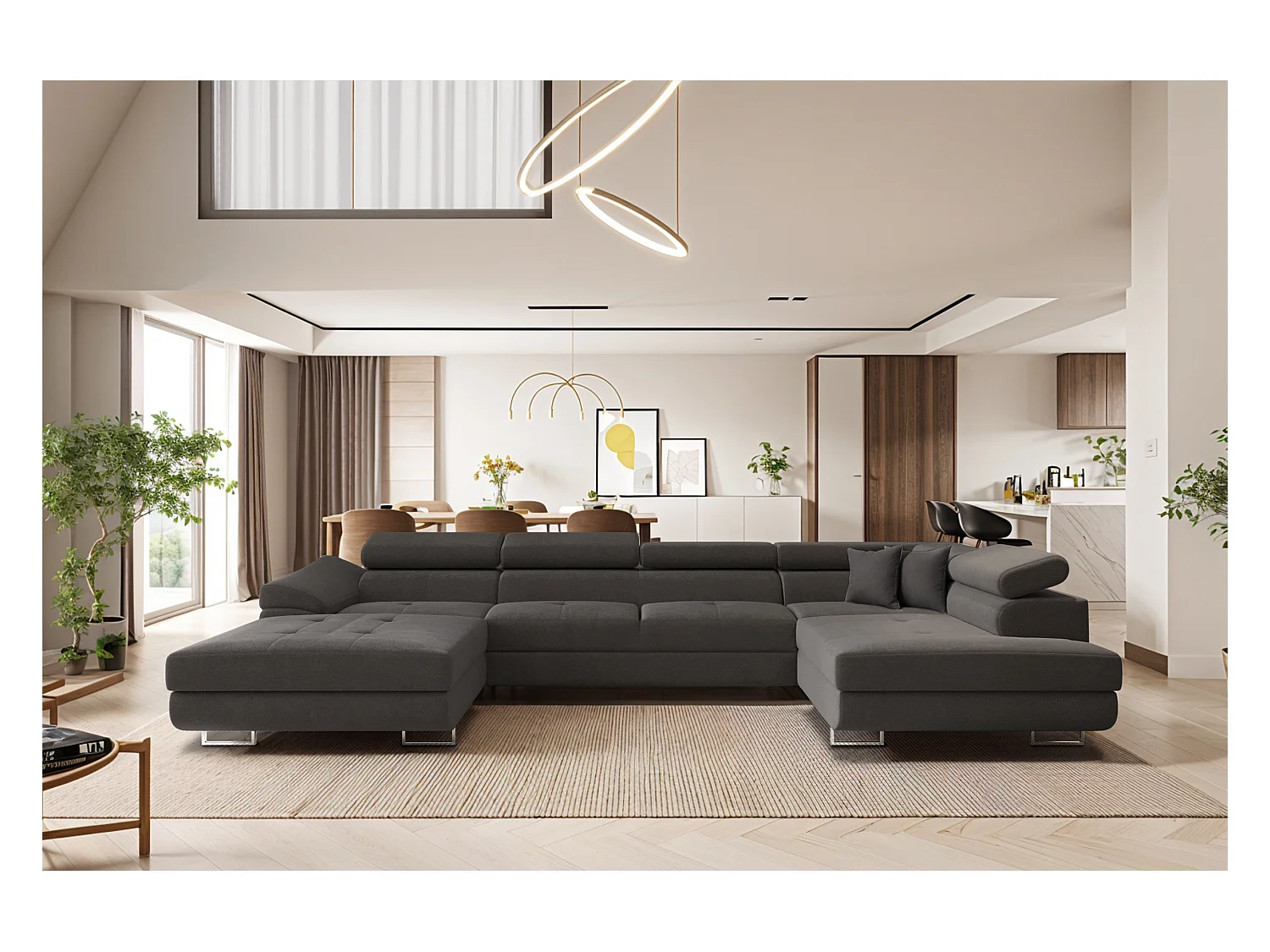 Canapé d'angle FALIO II en U avec fonction couchage, tissu Noel, graphite, droit