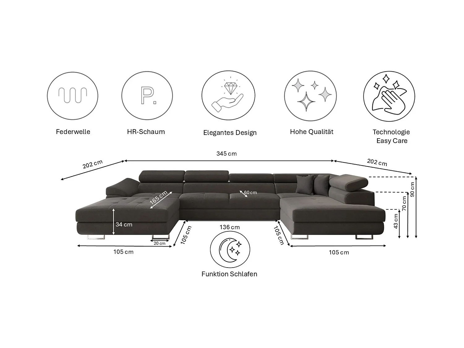 Canapé d'angle FALIO II en U avec fonction couchage, tissu Noel, graphite, droit