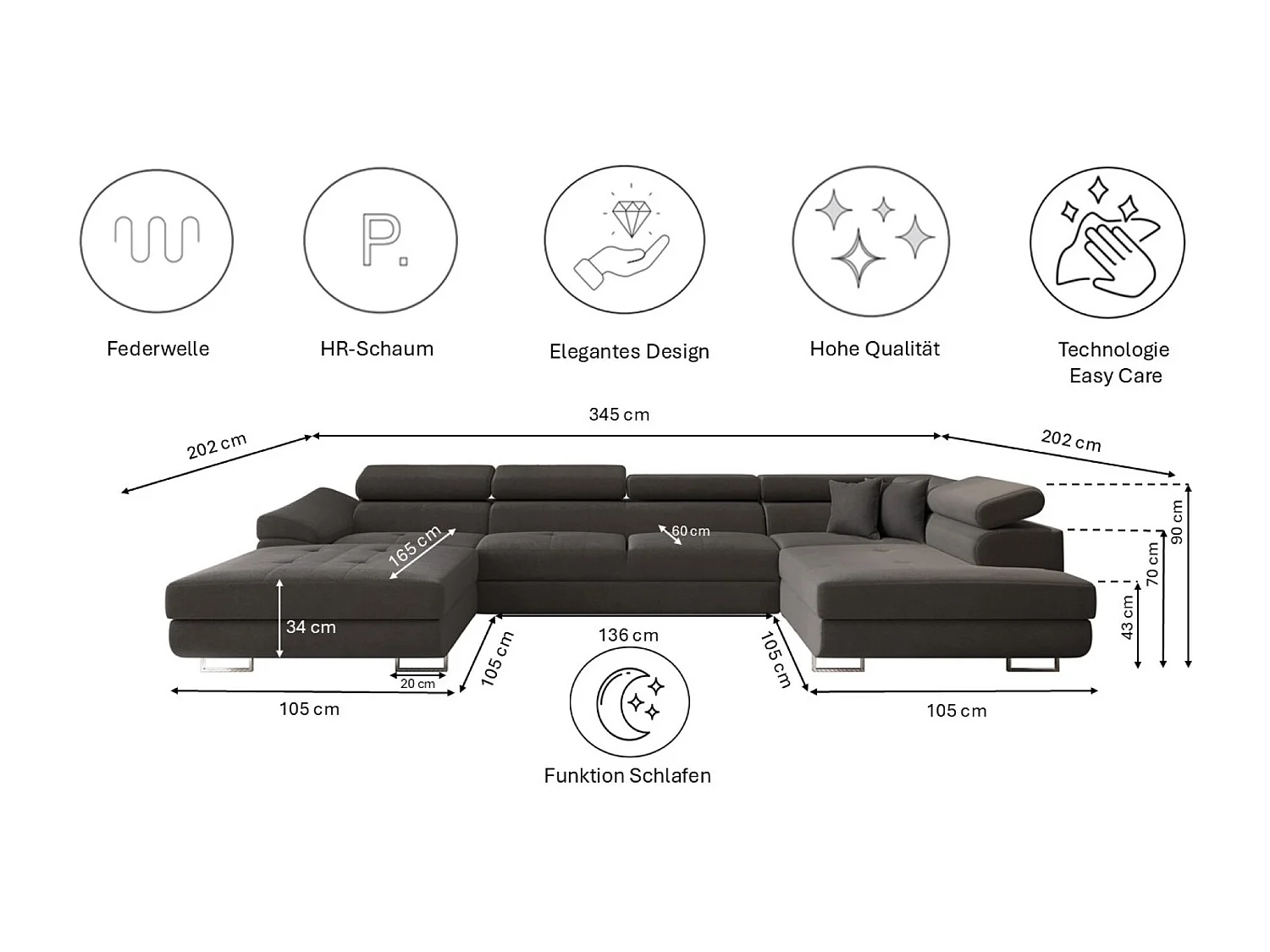 Canapé d'angle FALIO II en U avec fonction couchage, tissu Noel, graphite, droit