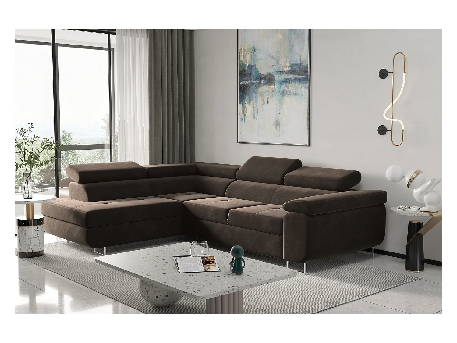 Canapé d'angle ATOM avec fonction couchage, tissu Monolith, marron foncé, gauche