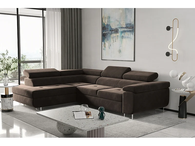 Canapé d'angle ATOM avec fonction couchage, tissu Monolith, marron foncé, gauche