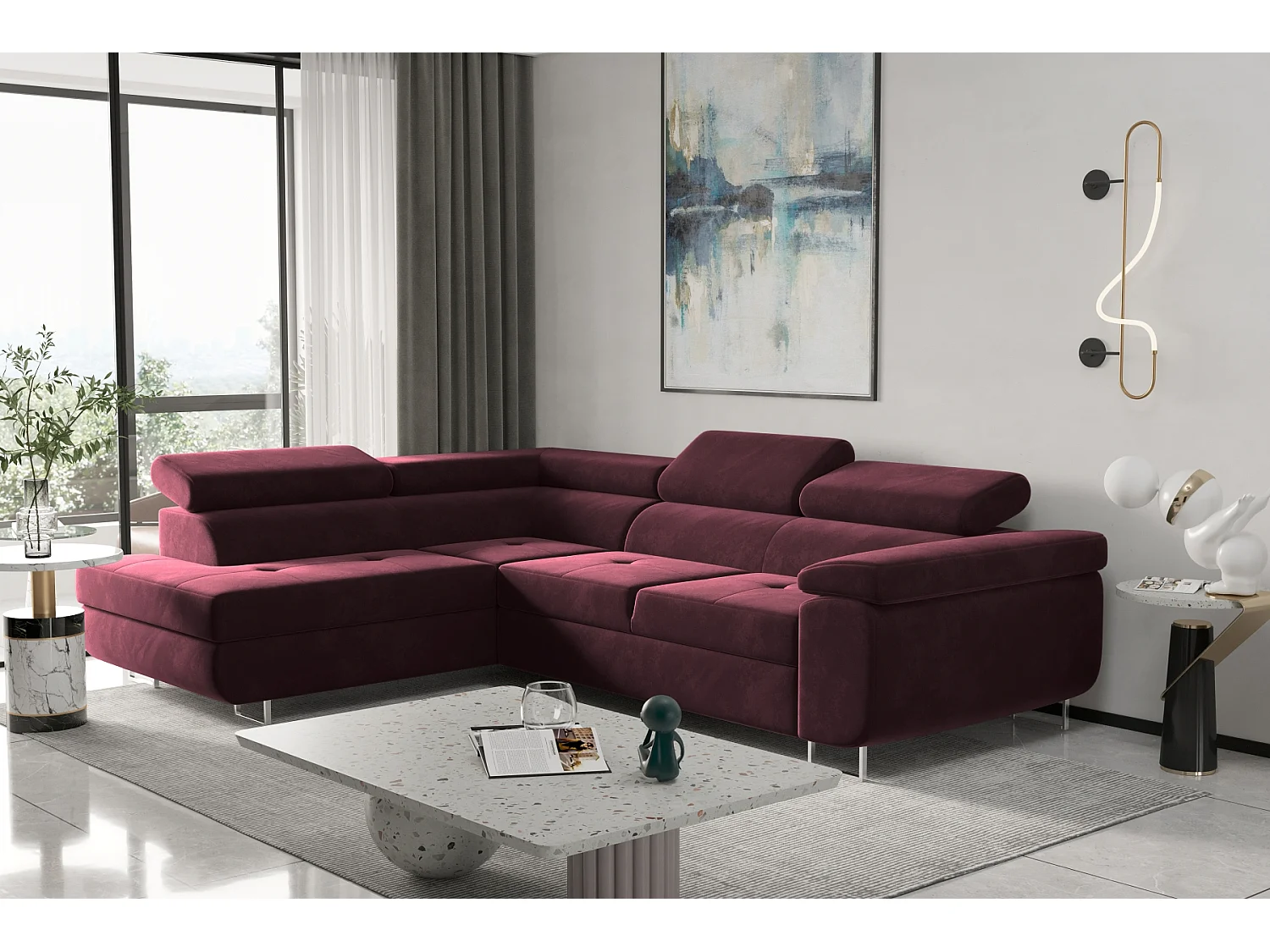 Canapé d'angle ATOM avec fonction couchage, tissu Monolith, bordeaux, gauche