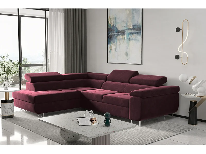 Canapé d'angle ATOM avec fonction couchage, tissu Monolith, bordeaux, gauche