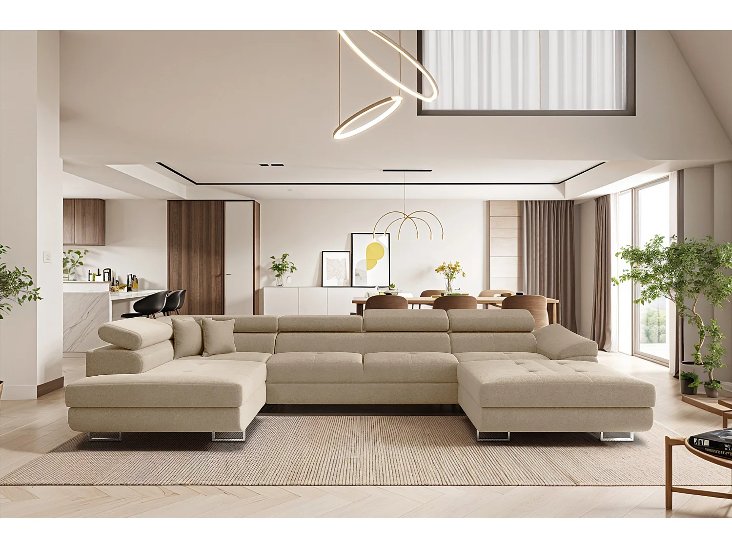 Canapé d'angle en U FALIO II avec fonction couchage, tissu Noel, beige clair, gauche