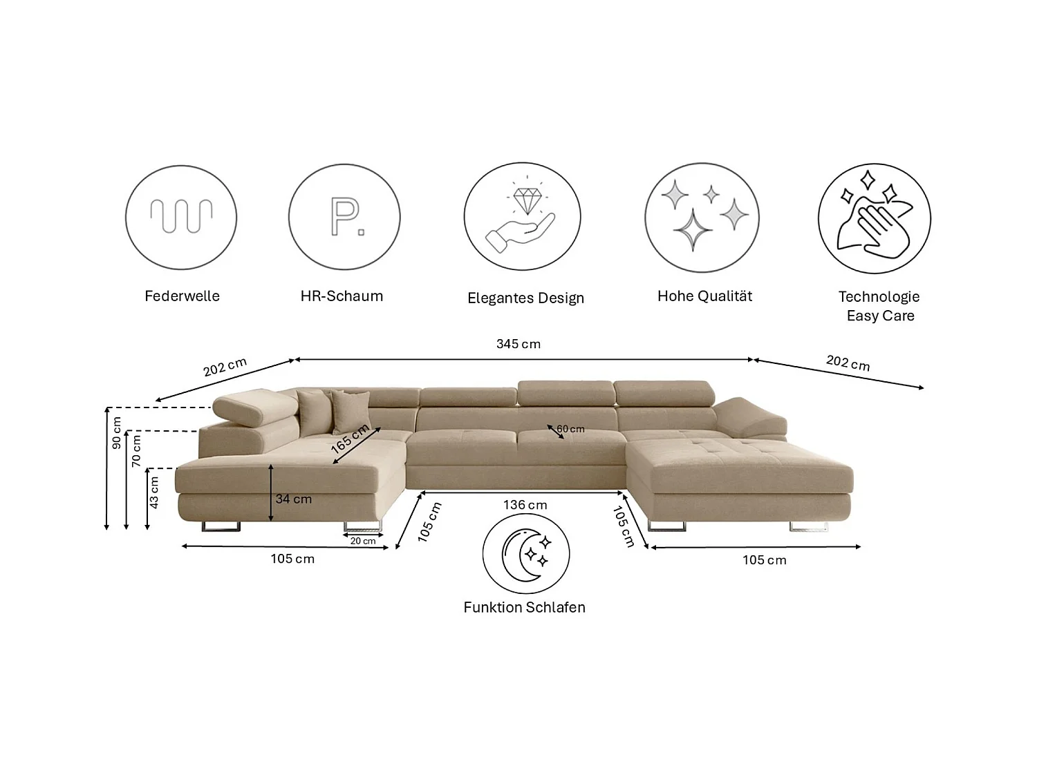 Canapé d'angle en U FALIO II avec fonction couchage, tissu Noel, beige clair, gauche