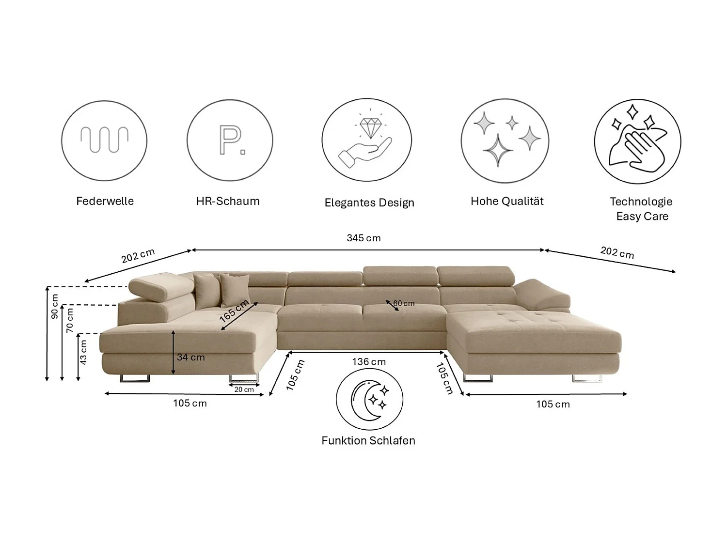 Canapé d'angle en U FALIO II avec fonction couchage, tissu Noel, beige clair, gauche