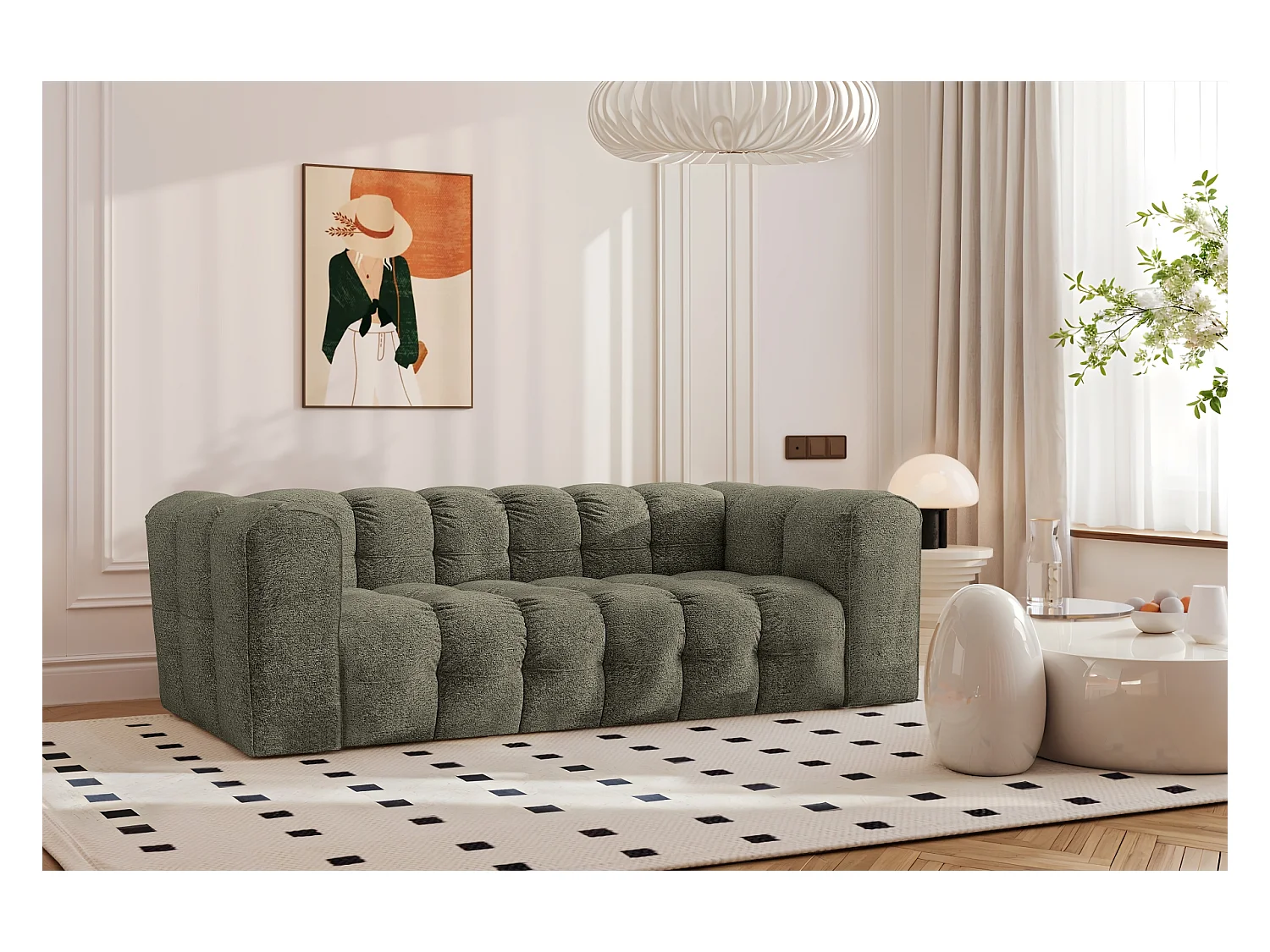 Sofa 3-Sitzer, Komfort Couch BALOO, stoff Schenille & Bouclé, Grün