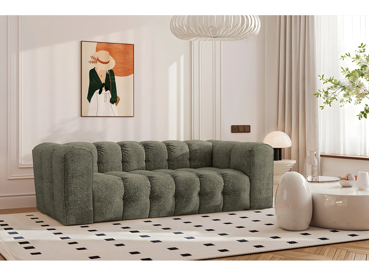Sofa 3-Sitzer, Komfort Couch BALOO, stoff Schenille & Bouclé, Grün
