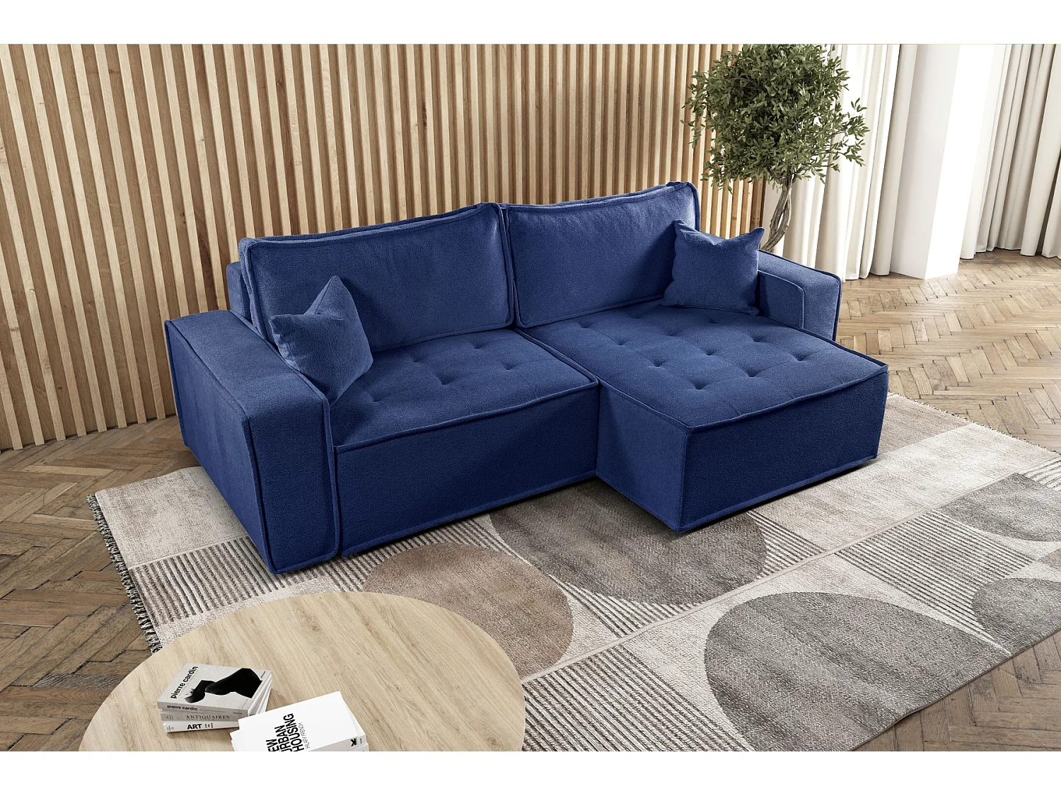 Canapé d'angle Bohoo en L avec convertible, tissu Raven, bleu, droit
