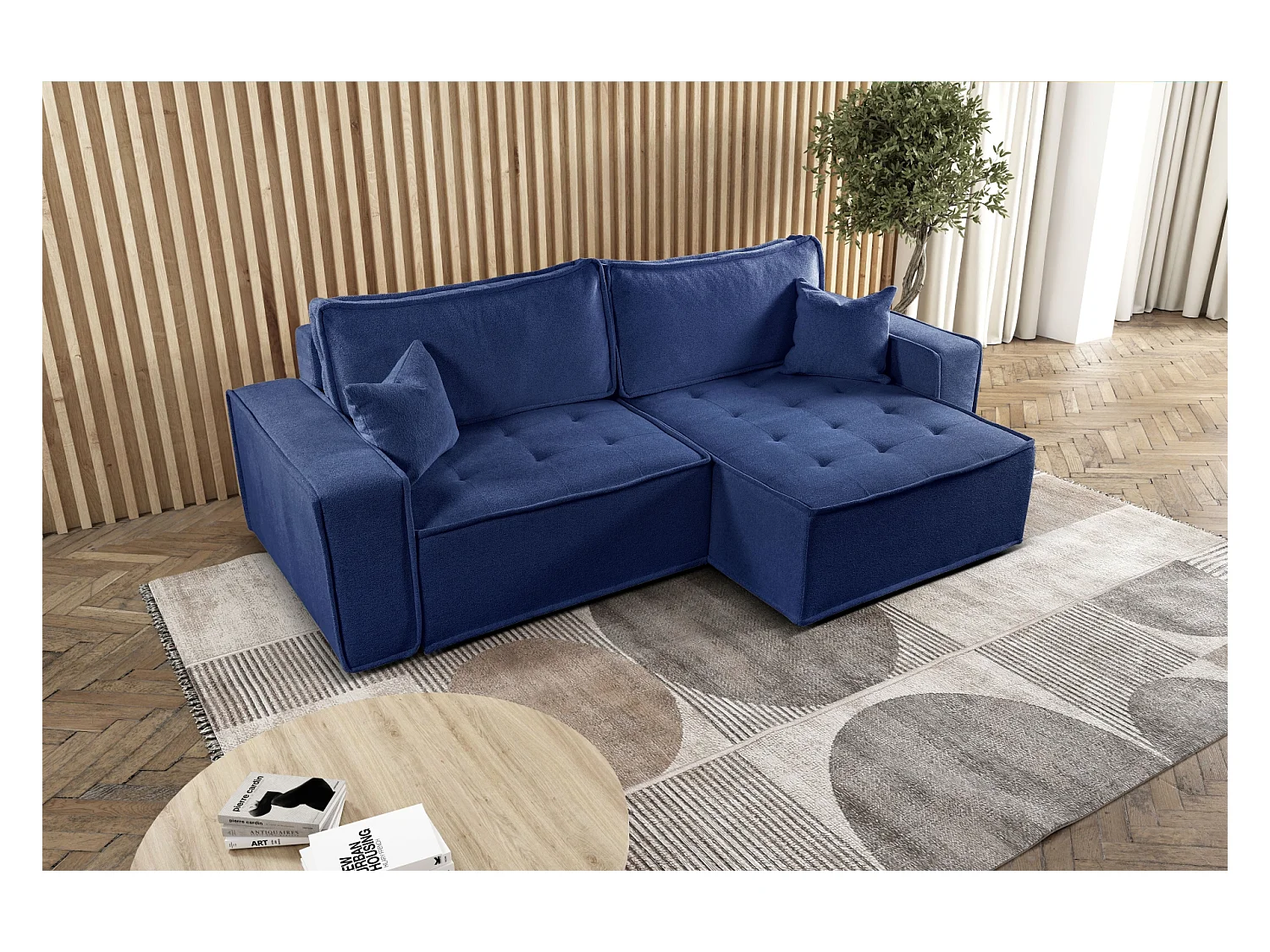 L-förmiges Bohoo-Ecksofa mit Schlaffunktion, Stoff Raven, Blau, Rechts