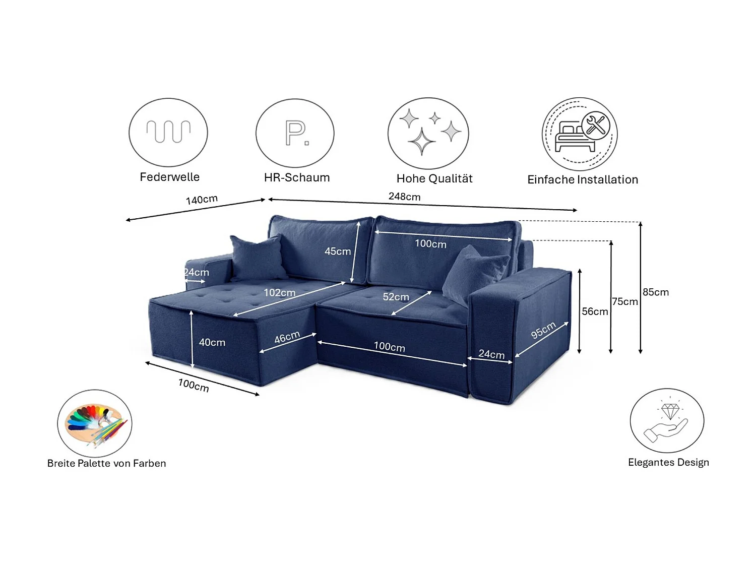 Canapé d'angle Bohoo en L avec convertible, tissu Raven, bleu, droit