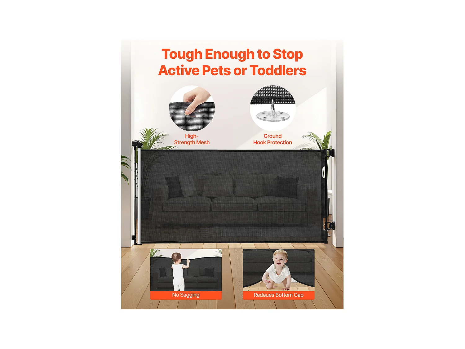 Sicherheitsbarriere SucceBuy Erweiterbar, Zaun aus Mesh 185 cm Breit und 98 cm Hoch, Barriere Retraktil für Haustiere, Ideal für Hunde und Katzen