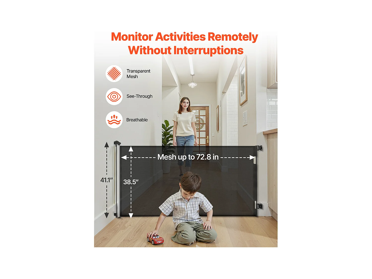 Sicherheitsbarriere SucceBuy Erweiterbar, Zaun aus Mesh 185 cm Breit und 98 cm Hoch, Barriere Retraktil für Haustiere, Ideal für Hunde und Katzen