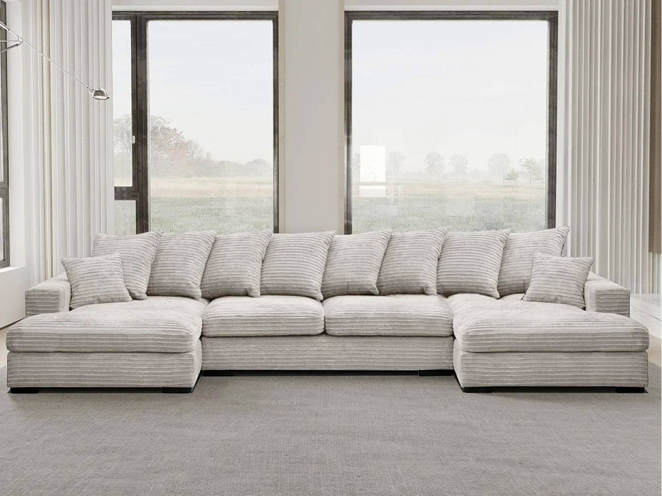 Canapé d'angle avec fonction couchage et coffre de lit, Canapé en U, Canapé en U tissu Gabon Zoom Perle