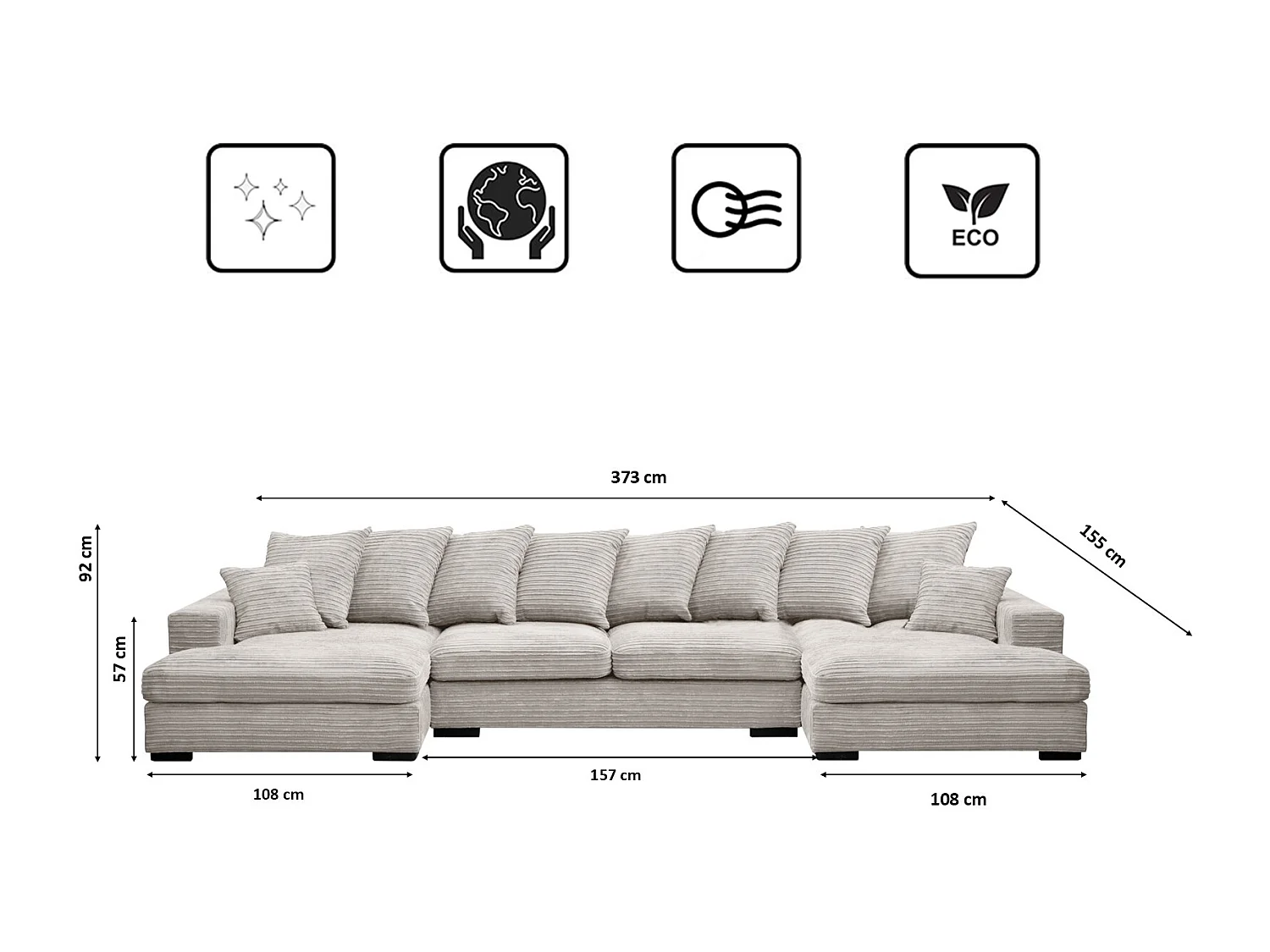 Canapé d'angle avec fonction couchage et coffre de lit, Canapé en U, Canapé en U tissu Gabon Zoom Perle