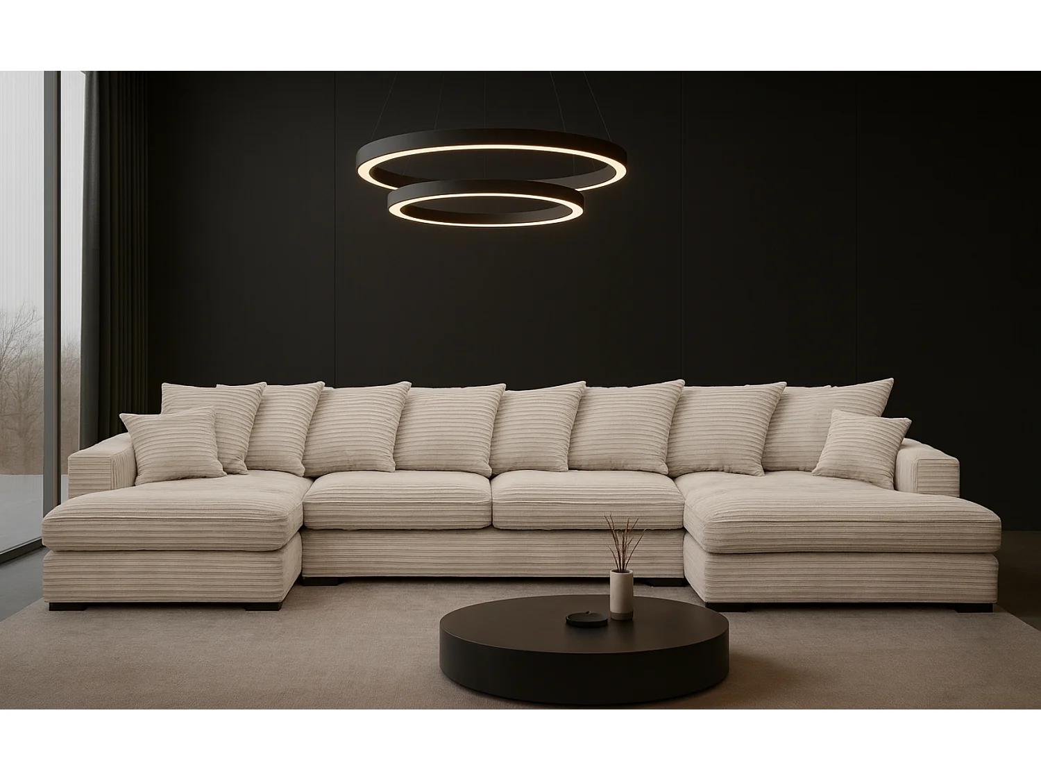 Canapé d'angle avec fonction couchage et coffre de lit, Canapé en U, Canapé en U tissu Gabon Zoom Perle