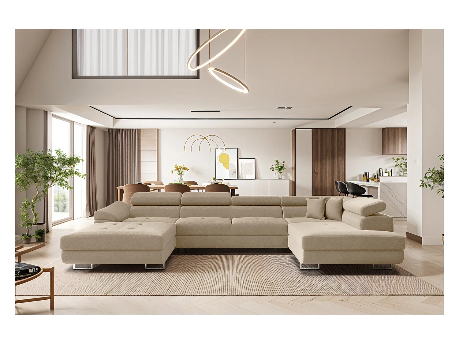 Canapé d'angle FALIO II en U avec fonction couchage, tissu Noel, beige clair, droit