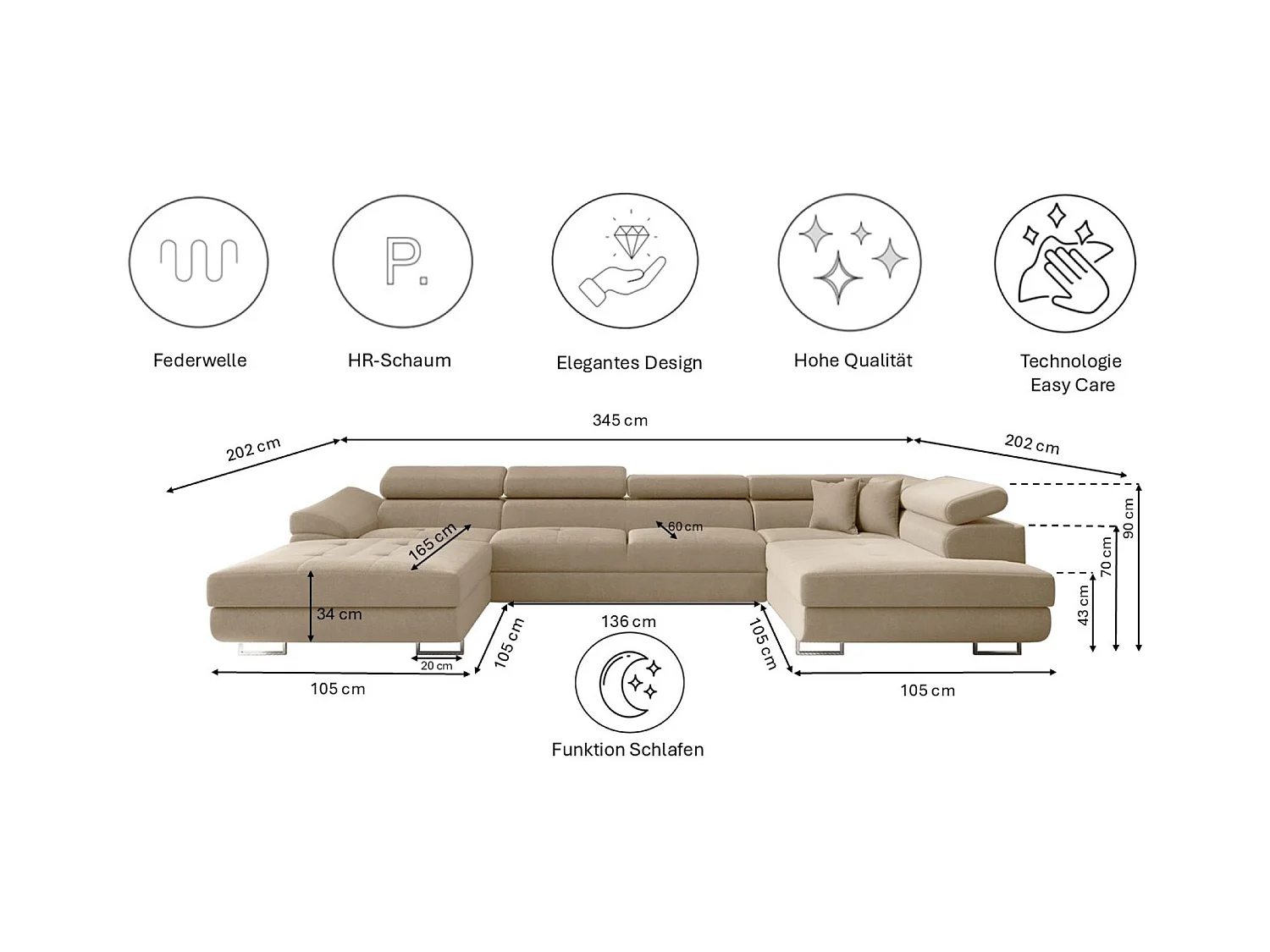 Canapé d'angle FALIO II en U avec fonction couchage, tissu Noel, beige clair, droit