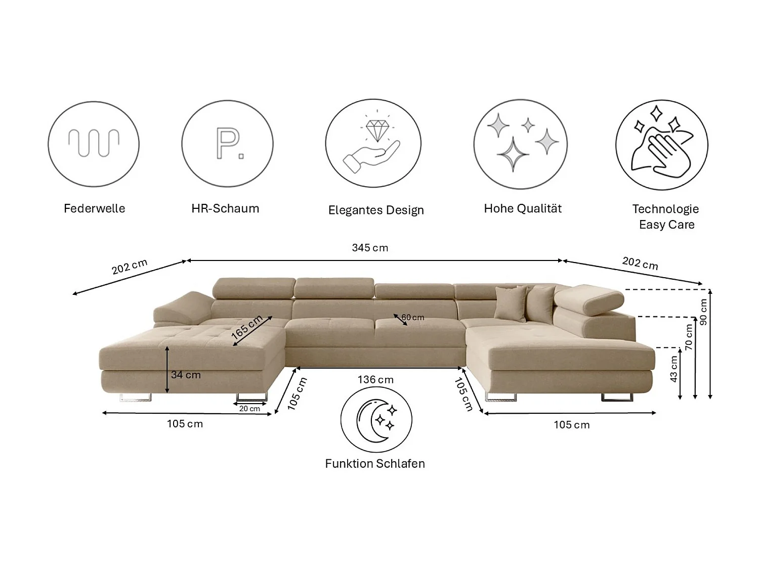 Canapé d'angle FALIO II en U avec fonction couchage, tissu Noel, beige clair, droit