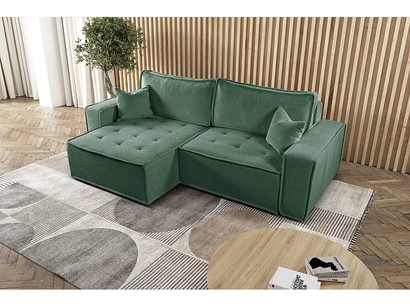 Bohoo L-vormige hoekbank met slaapbank, Raven stof, lichtgroen, links