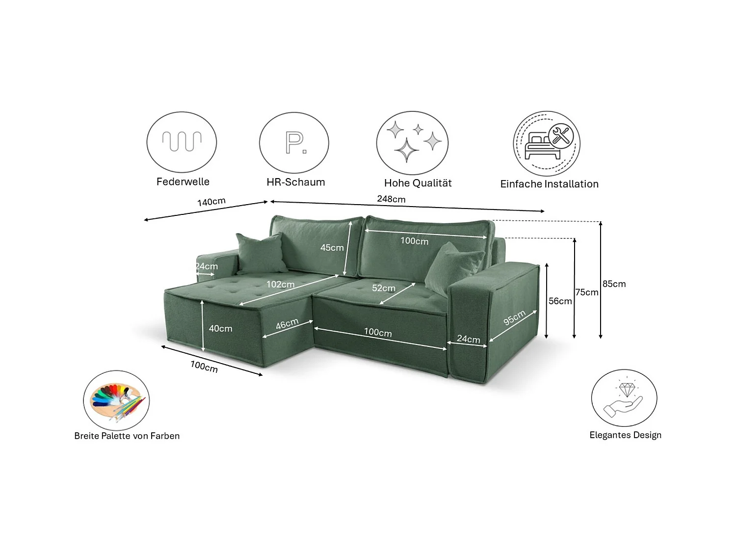 Canapé d'angle Bohoo en L avec convertible, tissu Raven, vert clair, gauche