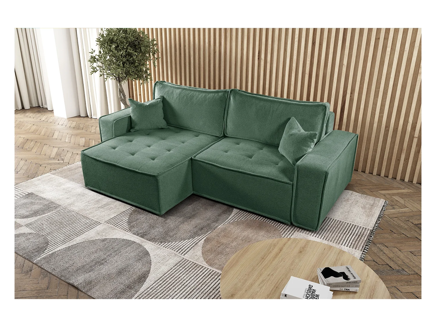 L-förmiges Bohoo-Ecksofa mit Schlaffunktion, Stoff Raven, Hellgrün, Links