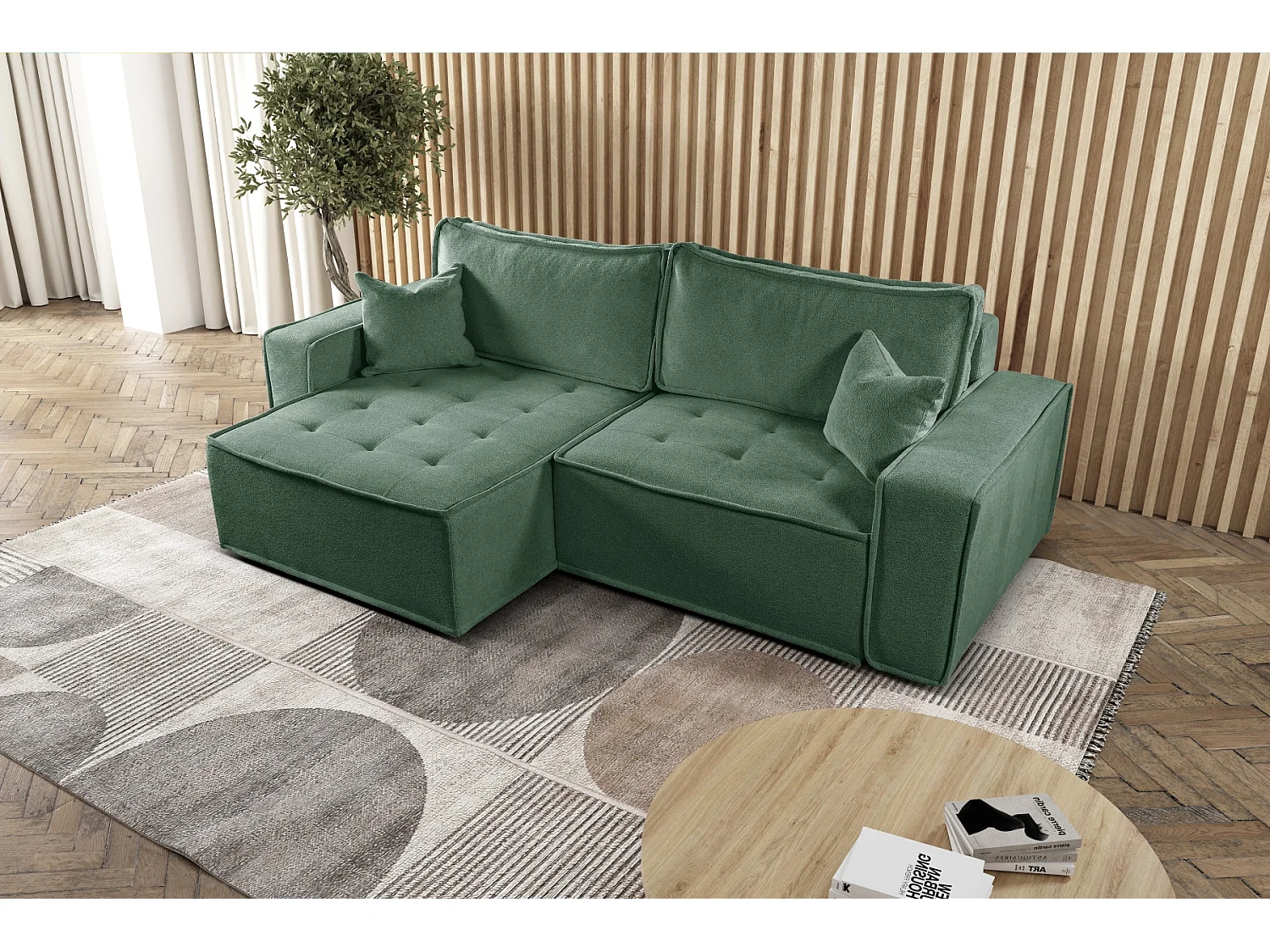 Canapé d'angle Bohoo en L avec convertible, tissu Raven, vert clair, gauche