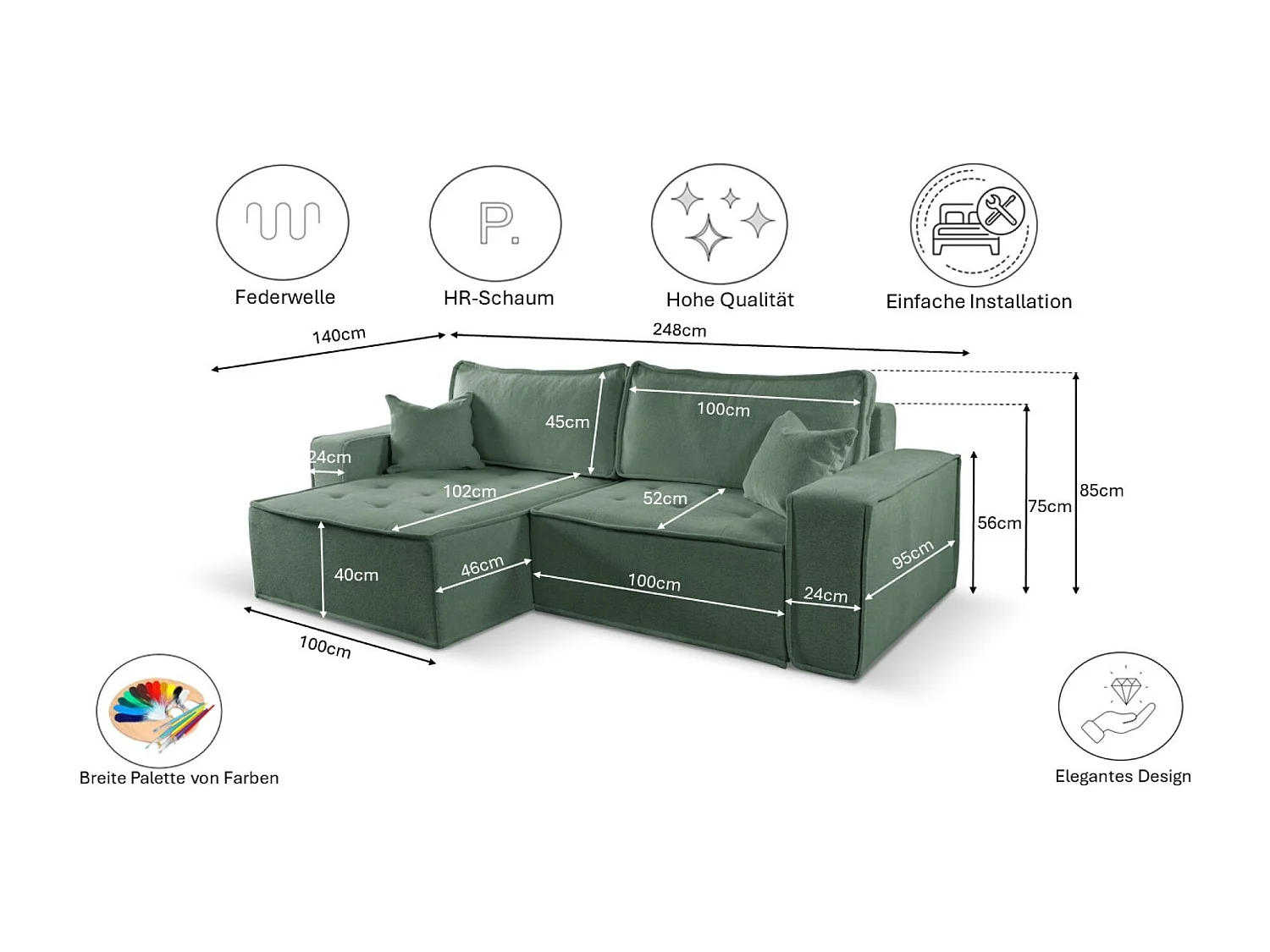 Canapé d'angle Bohoo en L avec convertible, tissu Raven, vert clair, gauche