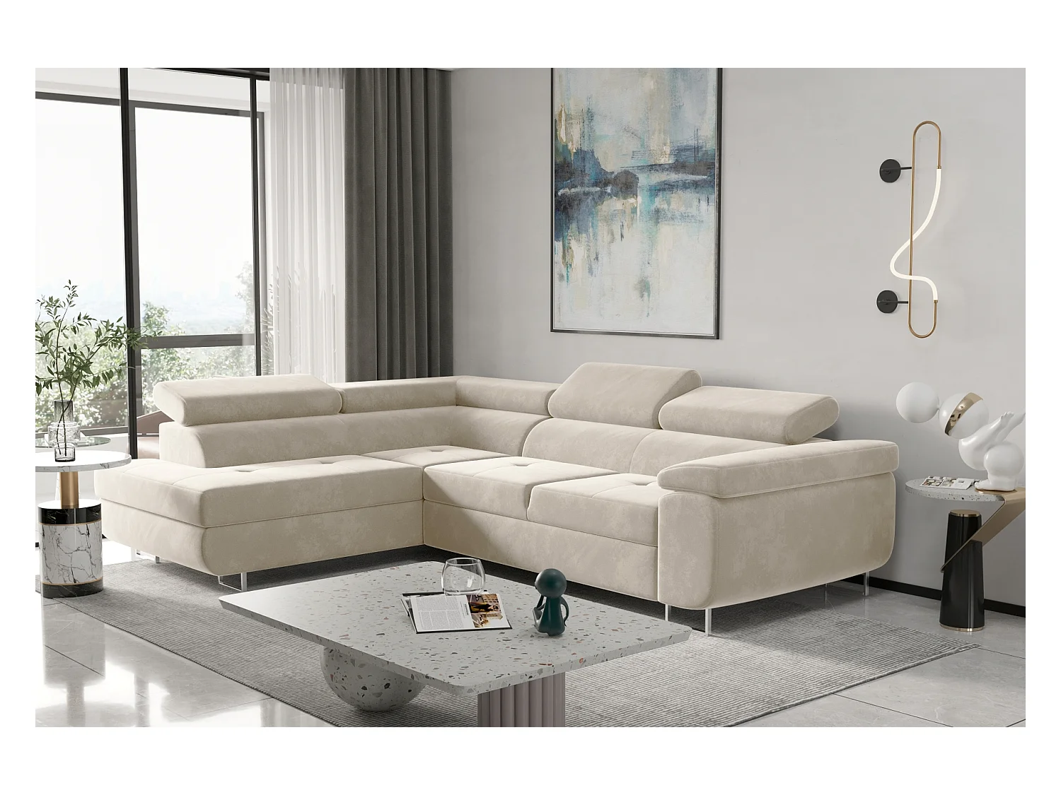 Divano angolare ATOM con funzione letto, tessuto Monolith, ecrù, sinistro