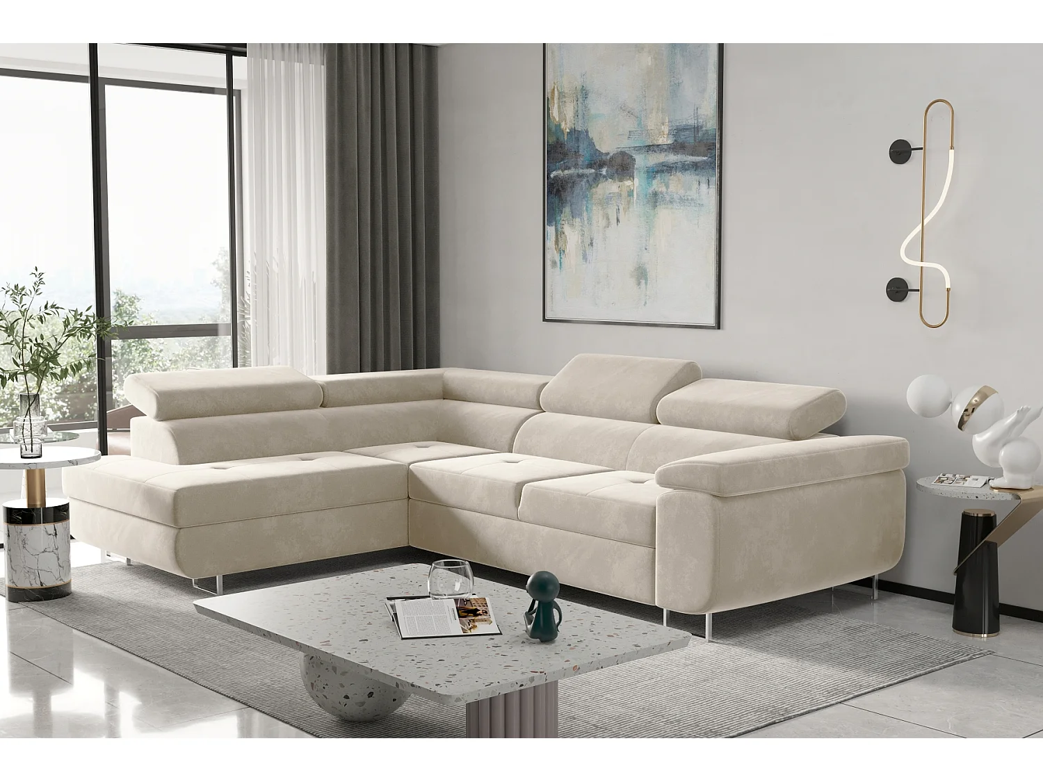 Canapé d'angle ATOM avec fonction couchage, tissu Monolith, écru, gauche