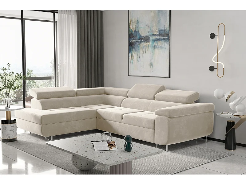 Divano angolare ATOM con funzione letto, tessuto Monolith, ecrù, sinistro