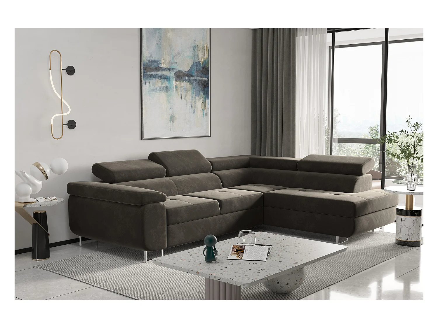 Canapé d'angle ATOM avec fonction couchage, tissu Monolith, marron, droit