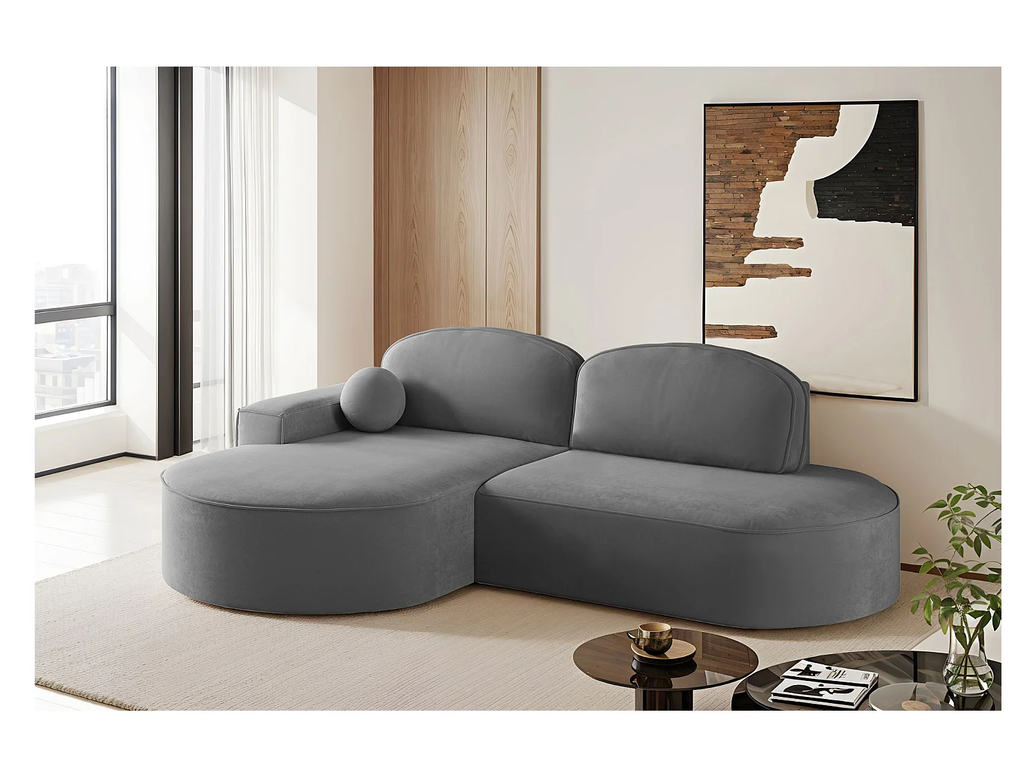 Ecksofa mit Schlaffunktion und Bettkasten Modena Runden stoff Salvador Anthrazit Links
