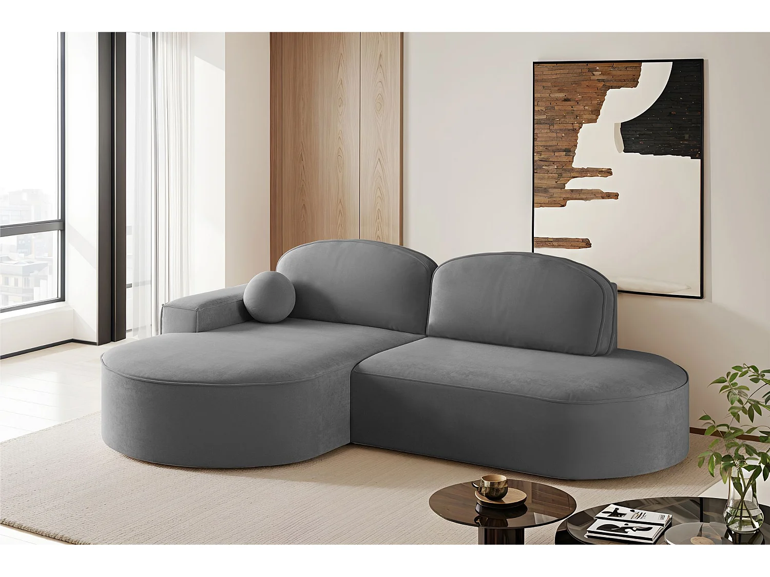 Canapé d'angle avec fonction couchage et coffre de lit Modena Round tissu Salvador Anthracite Gauche