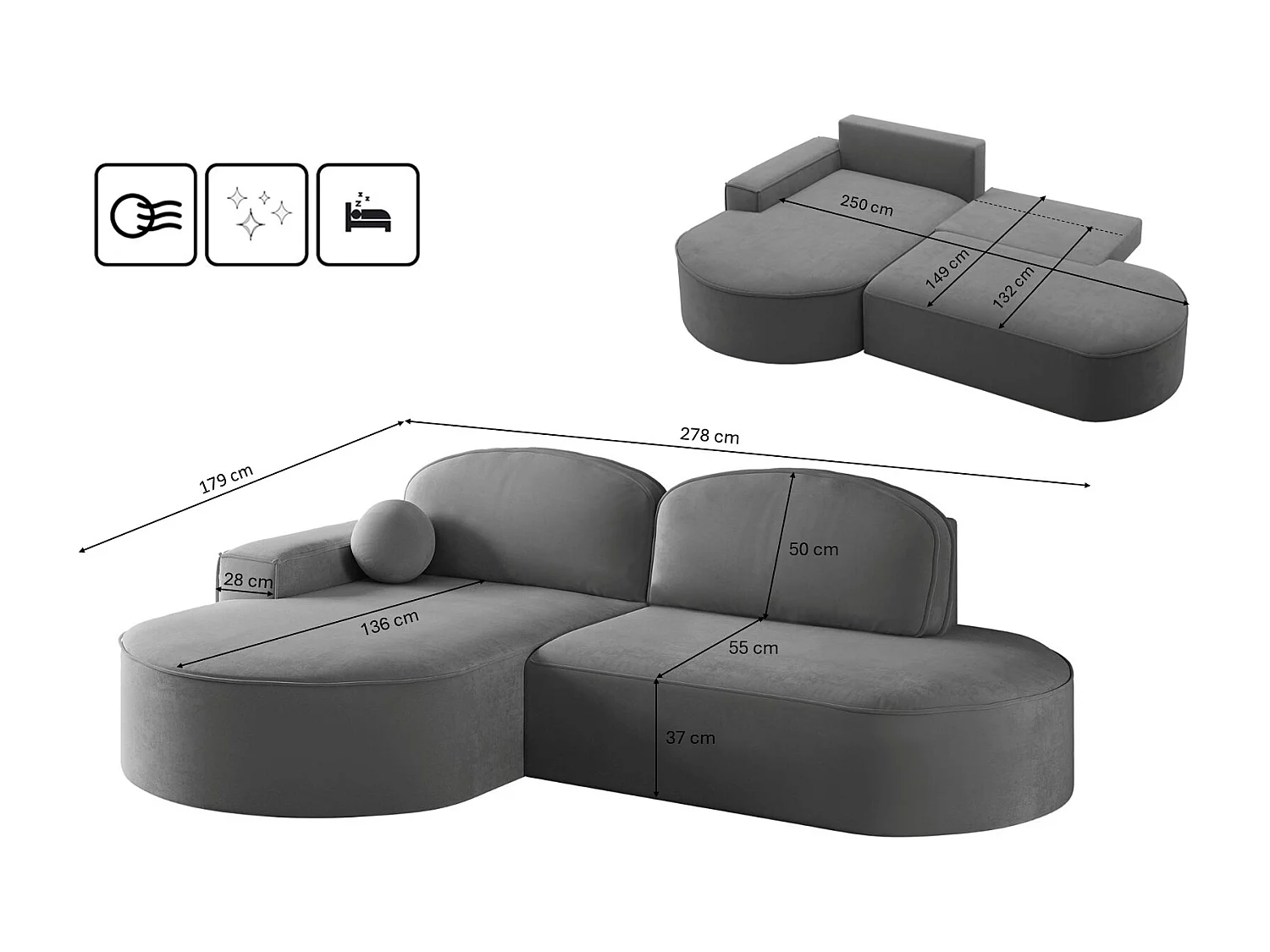 Canapé d'angle avec fonction couchage et coffre de lit Modena Round tissu Salvador Anthracite Gauche