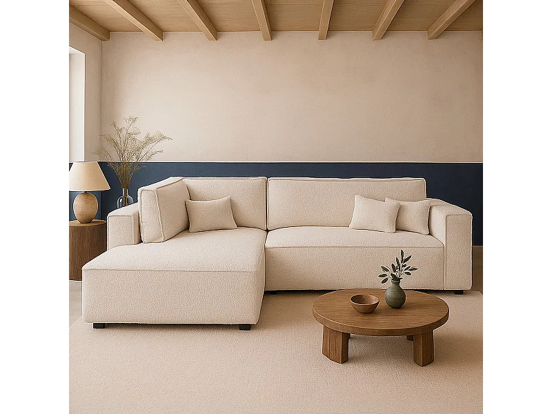 Canapé d'angle ouvert à gauche convertible 3 places en tissu bouclé beige - Emma