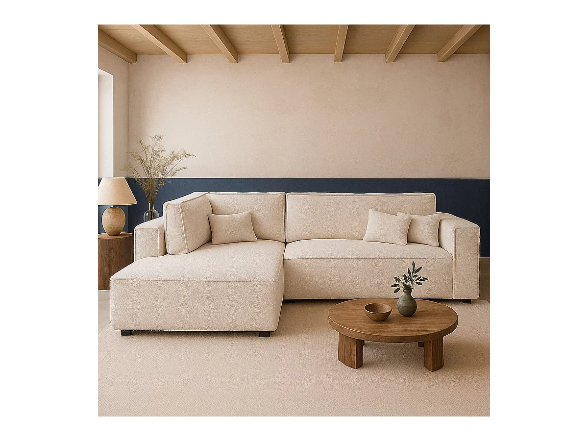Canapé d'angle ouvert à gauche convertible 3 places en tissu bouclé beige - Emma
