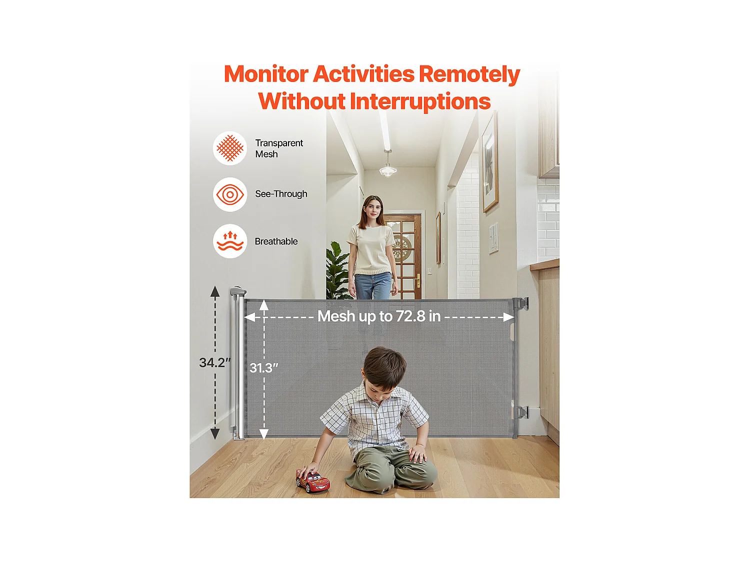 Sicherheitsbarriere SucceBuy Erweiterbar, Zaun aus Mesh 185 cm Breit und 79,5 cm Hoch, Barriere Retraktil für Haustiere, Ideal für Hunde und Katzen