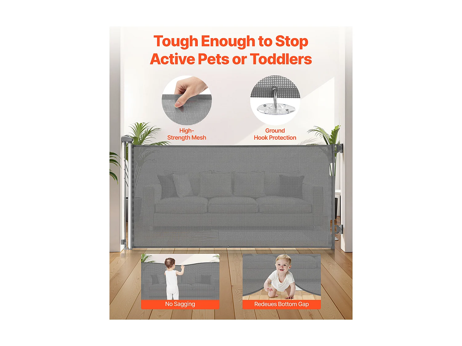 Sicherheitsbarriere SucceBuy Erweiterbar, Zaun aus Mesh 185 cm Breit und 79,5 cm Hoch, Barriere Retraktil für Haustiere, Ideal für Hunde und Katzen