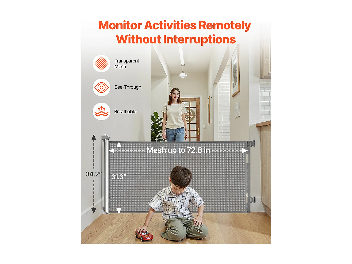 Sicherheitsbarriere SucceBuy Erweiterbar, Zaun aus Mesh 185 cm Breit und 79,5 cm Hoch, Barriere Retraktil für Haustiere, Ideal für Hunde und Katzen