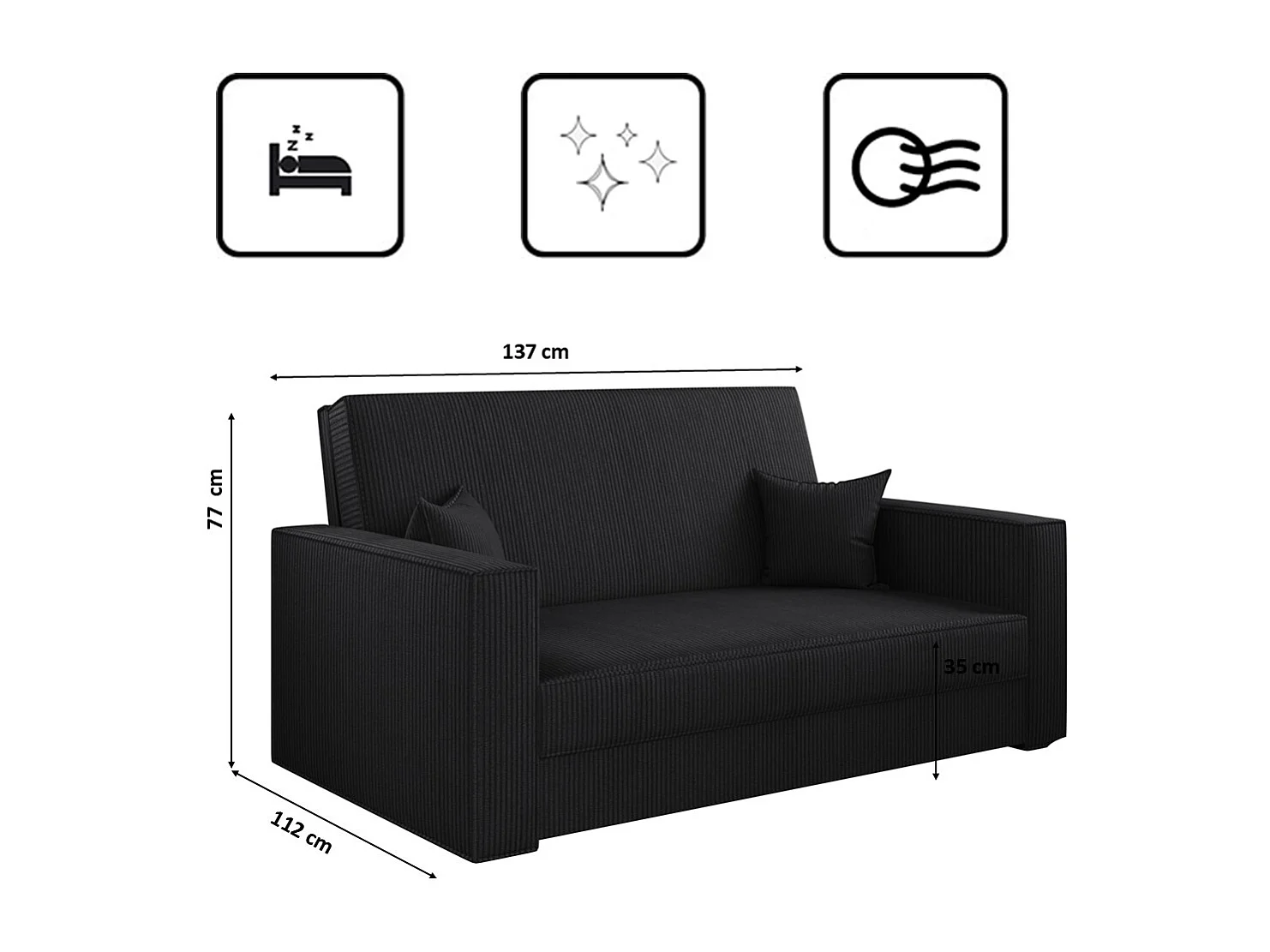 Canapé convertible classique AMERICA - Tissu Poso Noir