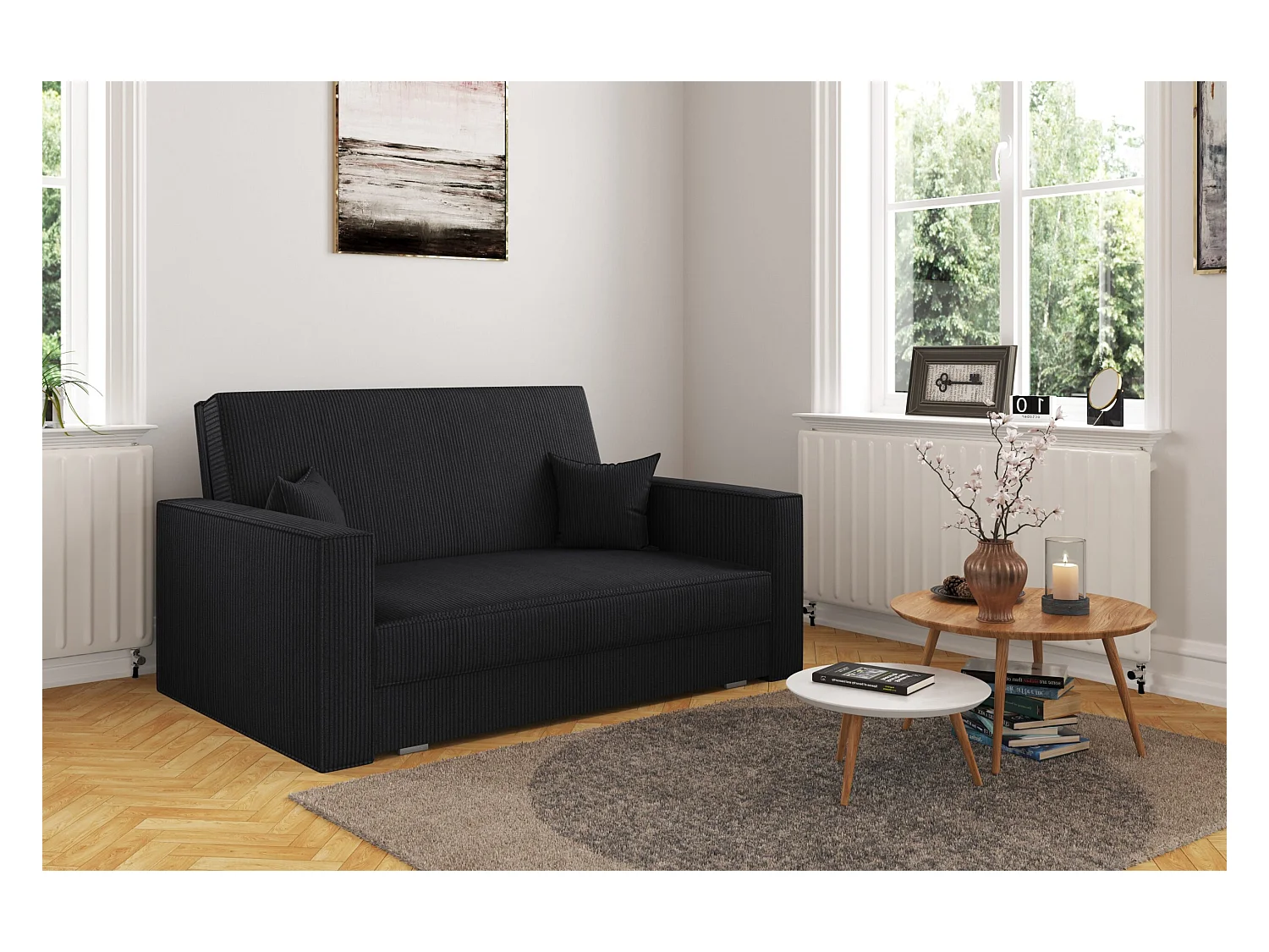 Klassisches Sofa, Schlaffunktion, AMERICA - Stoff Poso Schwarz