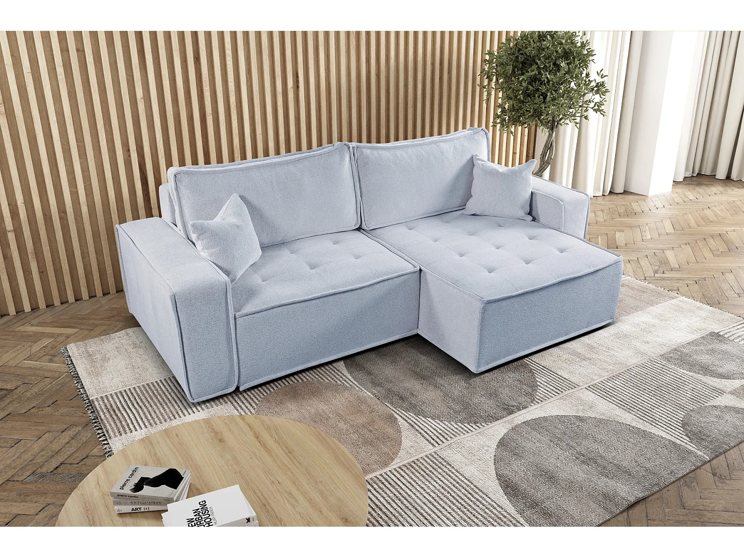 Canapé d'angle Bohoo en L avec convertible, tissu Raven, gris clair, droit