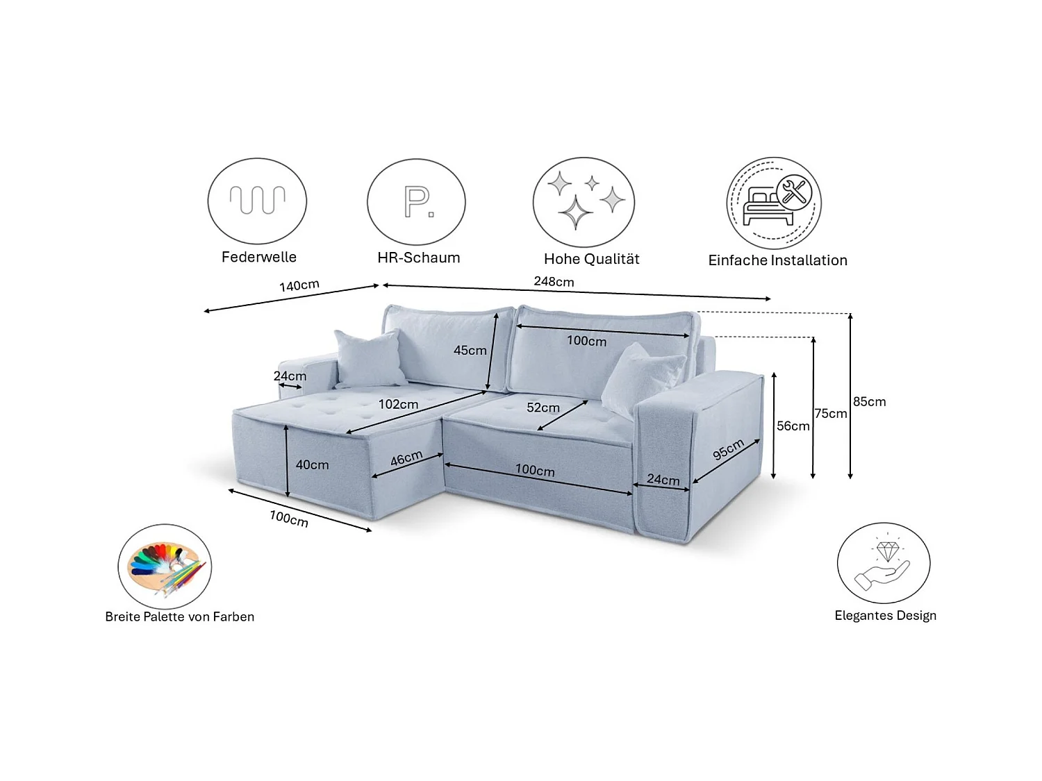 Canapé d'angle Bohoo en L avec convertible, tissu Raven, gris clair, droit