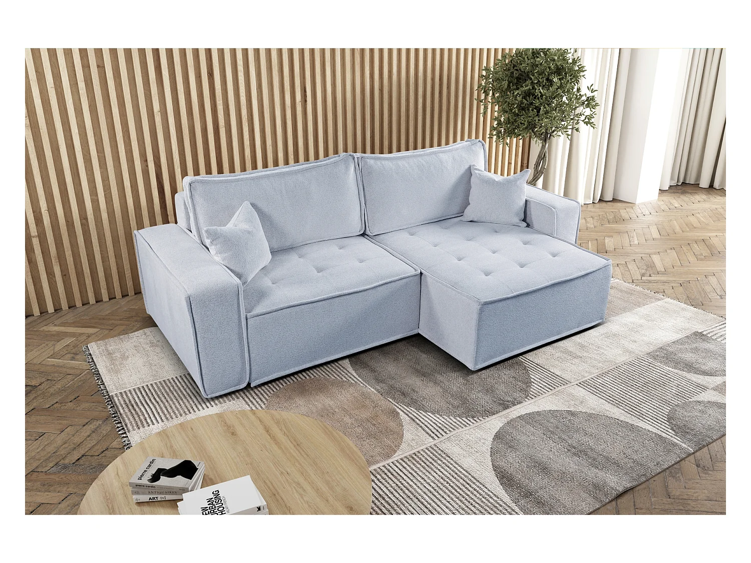 L-förmiges Bohoo-Ecksofa mit Schlaffunktion, Stoff Raven, Hellgrau, Rechts
