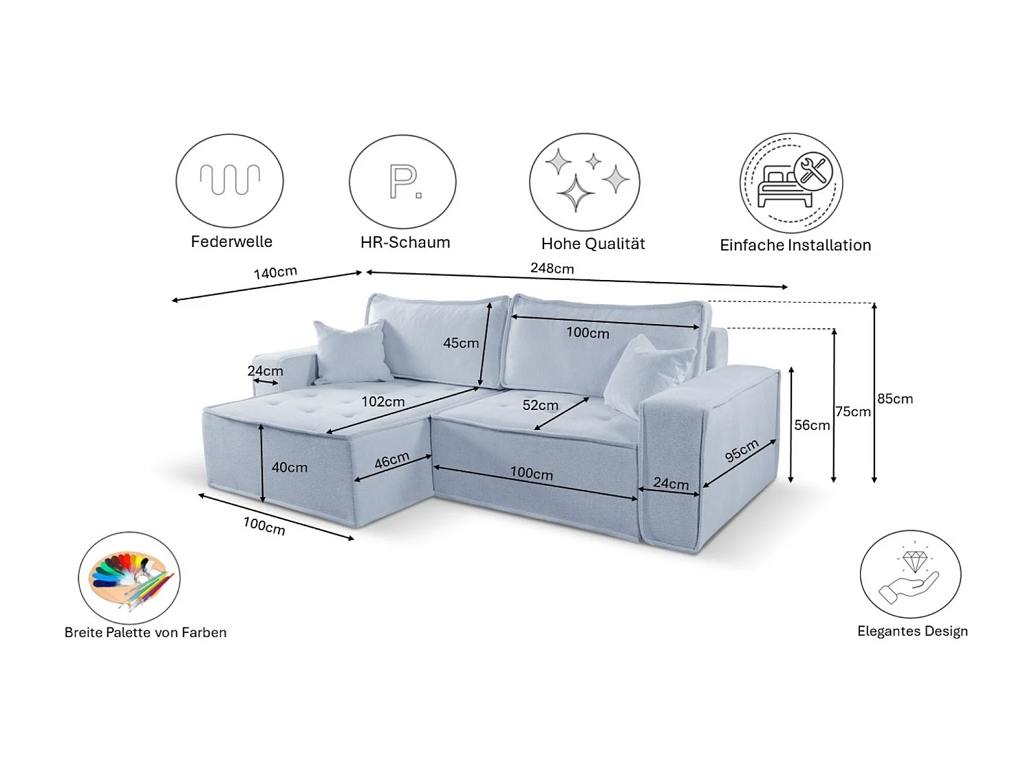 Bohoo L-vormige hoekbank met slaapbank, Raven stof, lichtgrijs, rechts