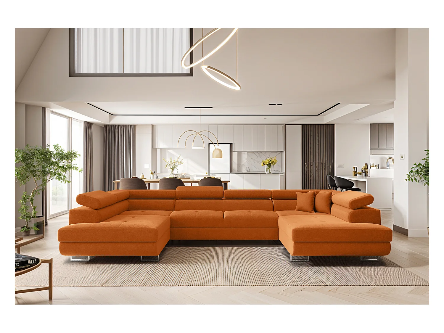 Canapé d'angle en U FALIO avec fonction couchage, tissu Noel, orange