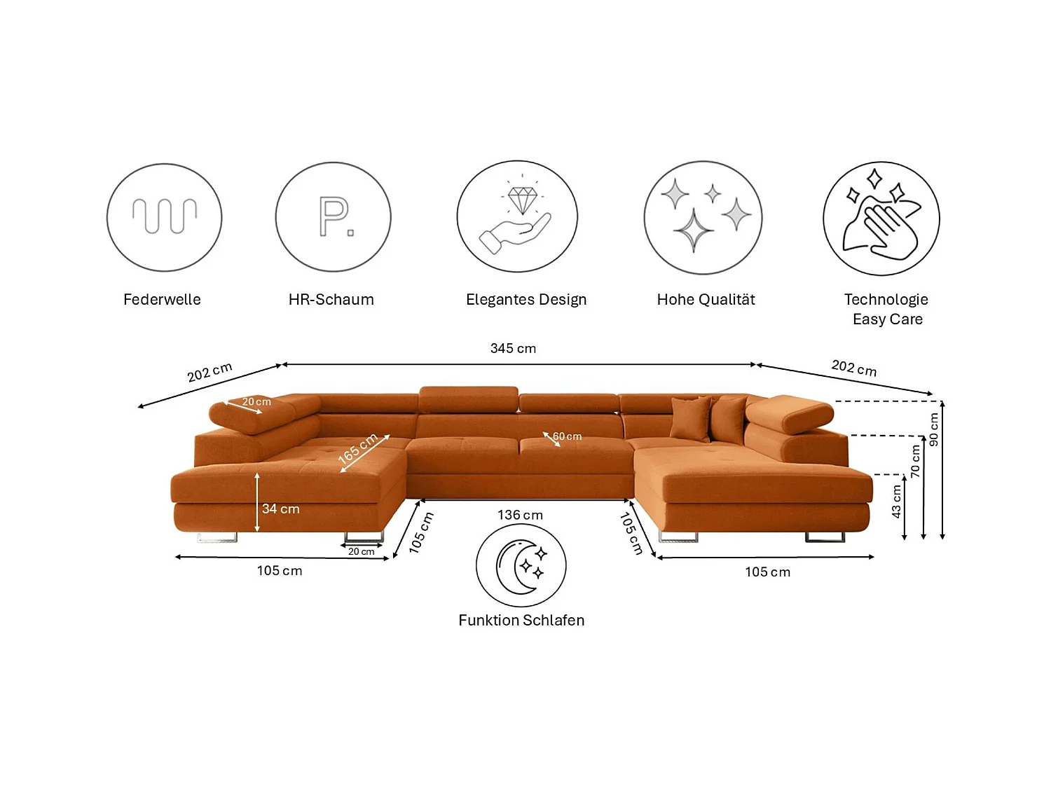 Canapé d'angle en U FALIO avec fonction couchage, tissu Noel, orange