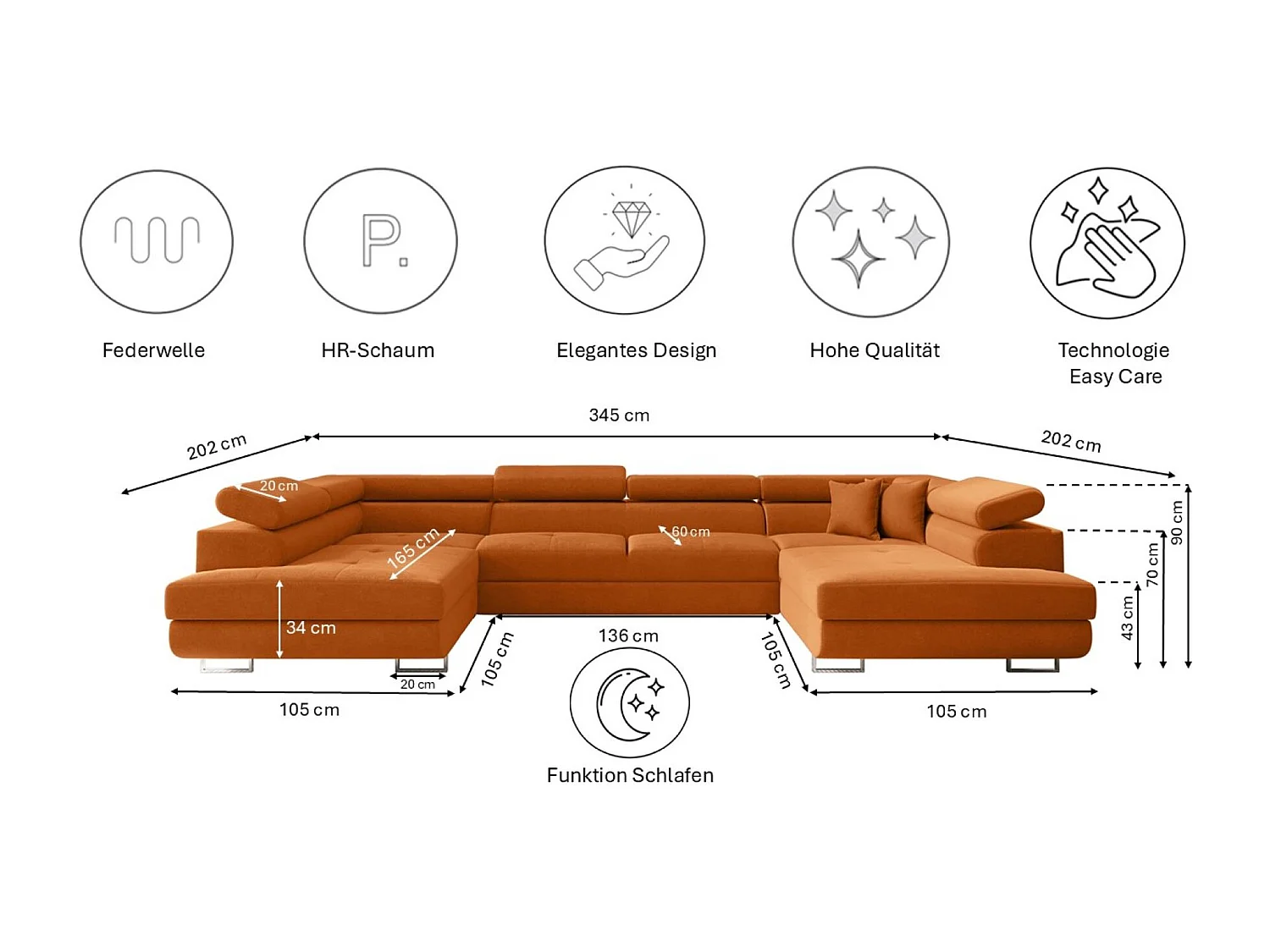 Canapé d'angle en U FALIO avec fonction couchage, tissu Noel, orange